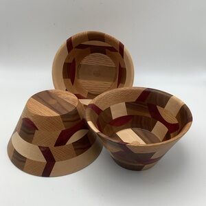 Three Artisan Segmented Wood Bowls